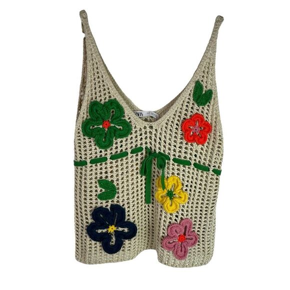 Zara Multicolor Floral Crochet Tank Top size Medium Cream - Picture 2 of 11